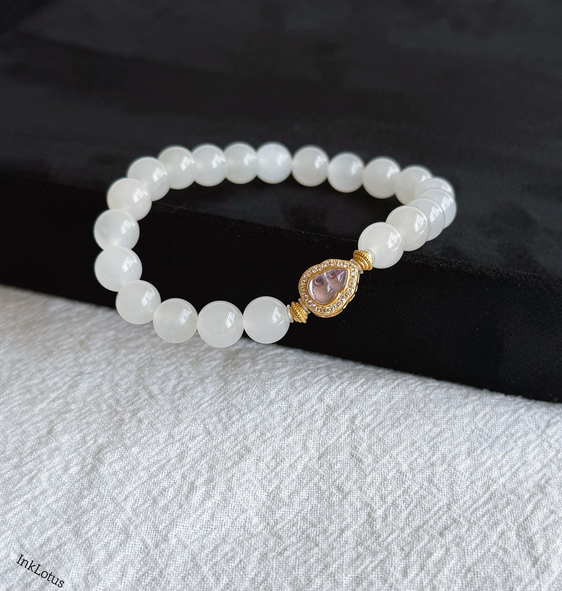 White Nephrite Jade Bracelet 8mm: Amethyst Charm, S925 Gold Accent
