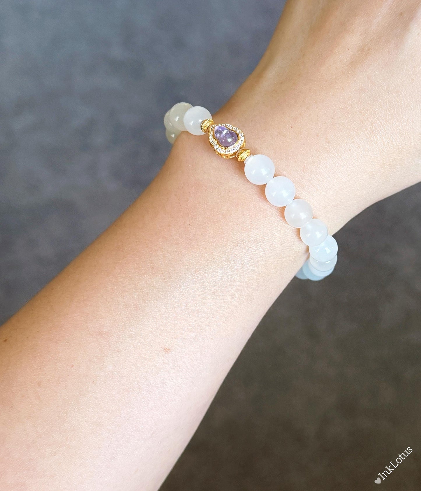 White Nephrite Jade Bracelet 8mm: Amethyst Charm, S925 Gold Accent