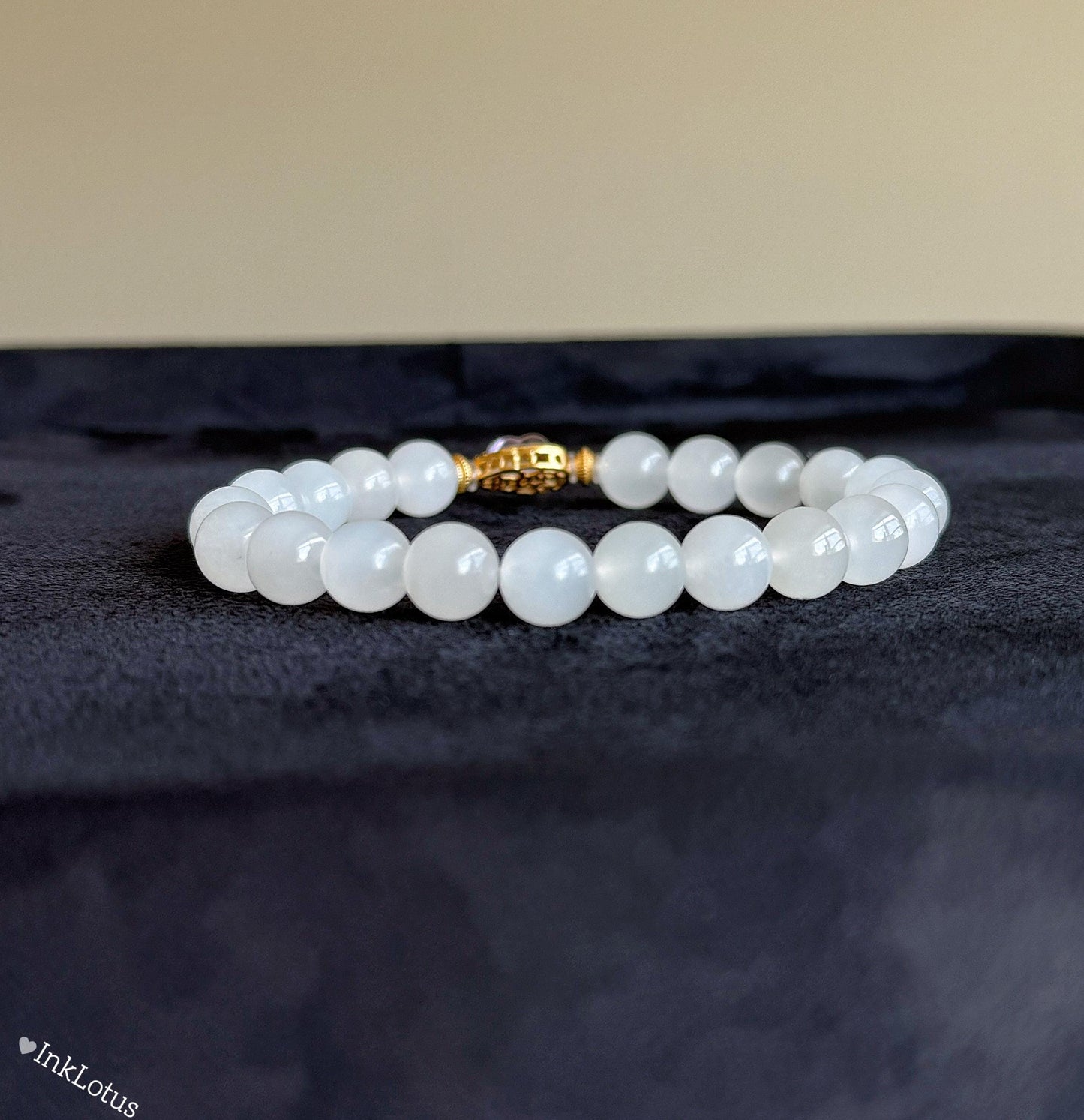 White Nephrite Jade Bracelet 8mm: Amethyst Charm, S925 Gold Accent