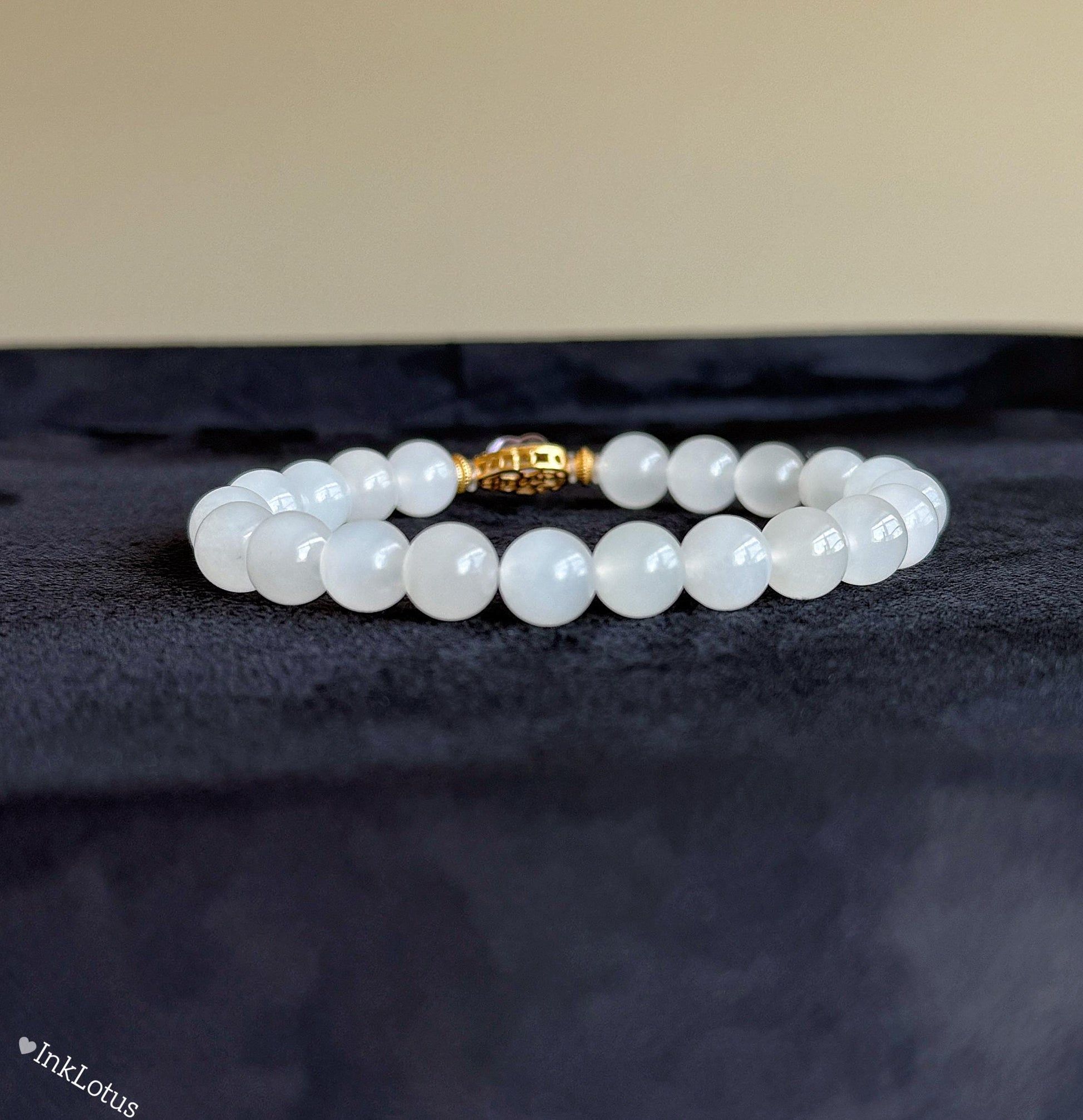 White Nephrite Jade Bracelet 8mm: Amethyst Charm, S925 Gold Accent