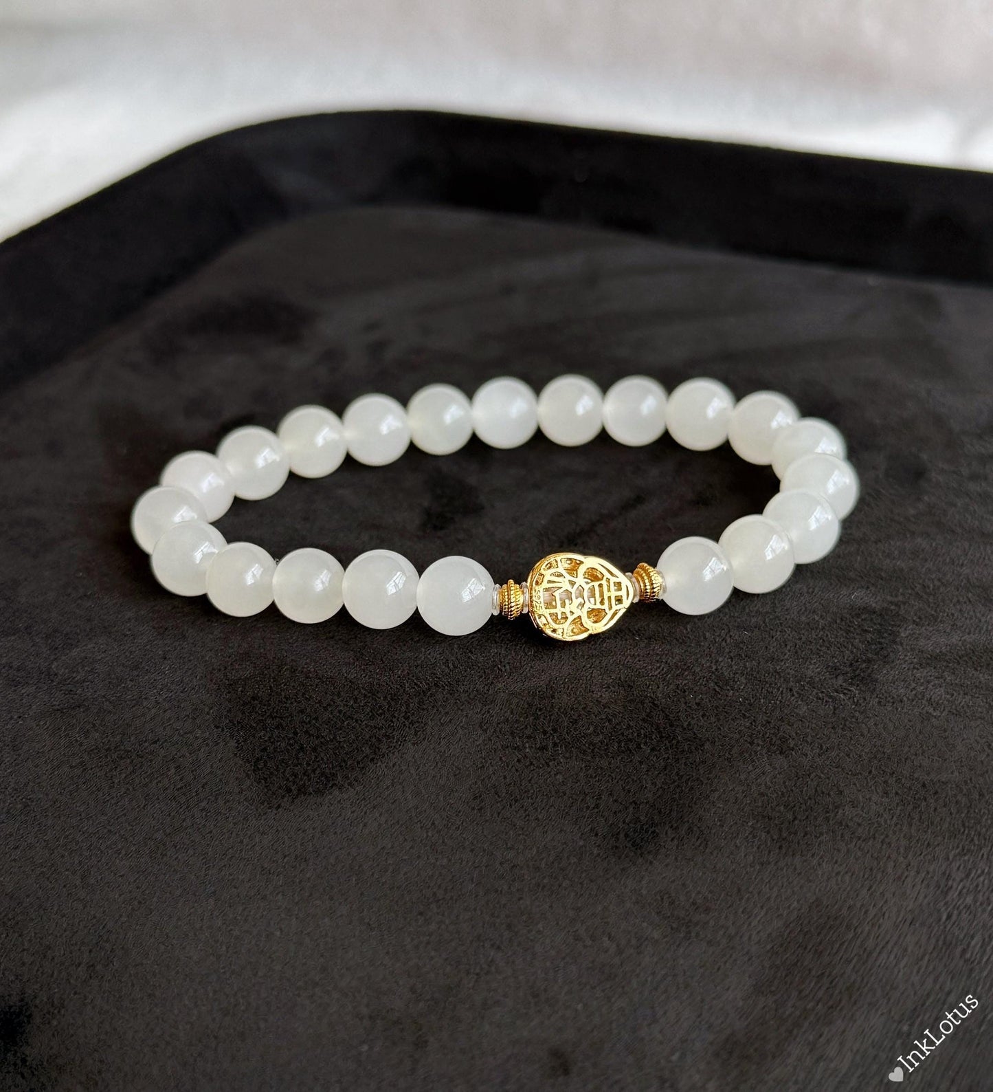 White Nephrite Jade Bracelet 8mm: Amethyst Charm, S925 Gold Accent