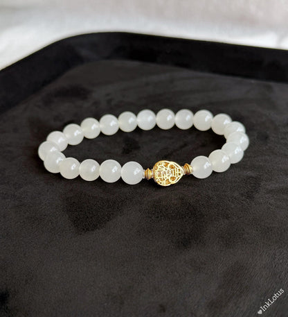 White Nephrite Jade Bracelet 8mm: Amethyst Charm, S925 Gold Accent
