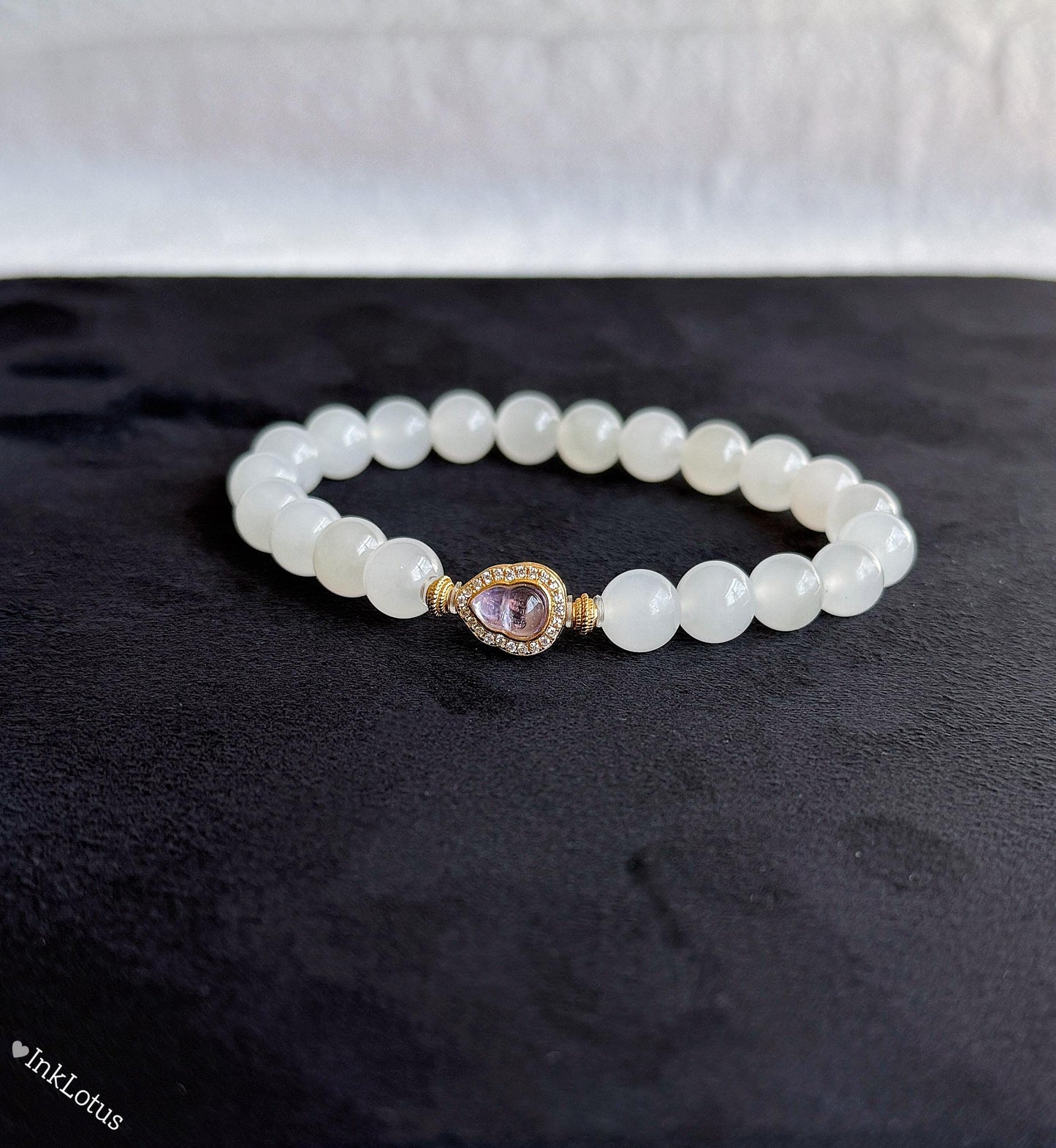 White Nephrite Jade Bracelet 8mm: Amethyst Charm, S925 Gold Accent