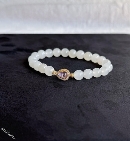 White Nephrite Jade Bracelet 8mm: Amethyst Charm, S925 Gold Accent