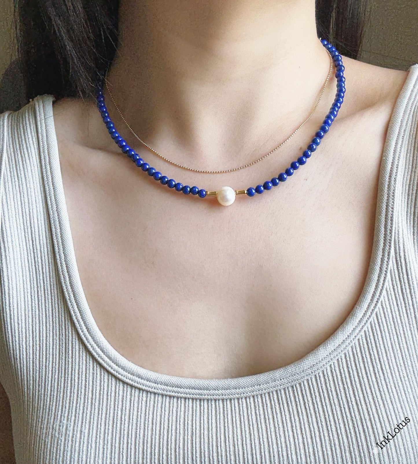 4mm Lapis Lazuli Pearl Choker: Gold Plated S925 Sterling Silver, Freshwater Pearl Adjustable