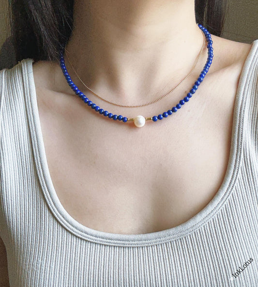 4mm Lapis Lazuli Pearl Choker: Gold Plated S925 Sterling Silver, Freshwater Pearl Adjustable