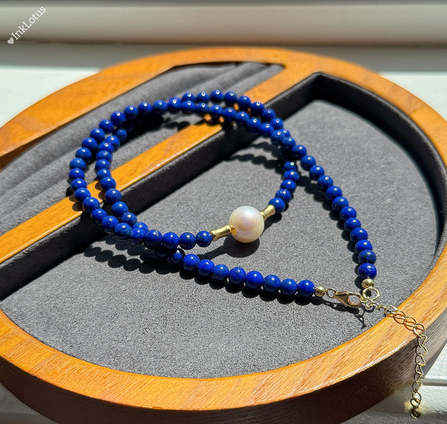 4mm Lapis Lazuli Pearl Choker: Gold Plated S925 Sterling Silver, Freshwater Pearl Adjustable