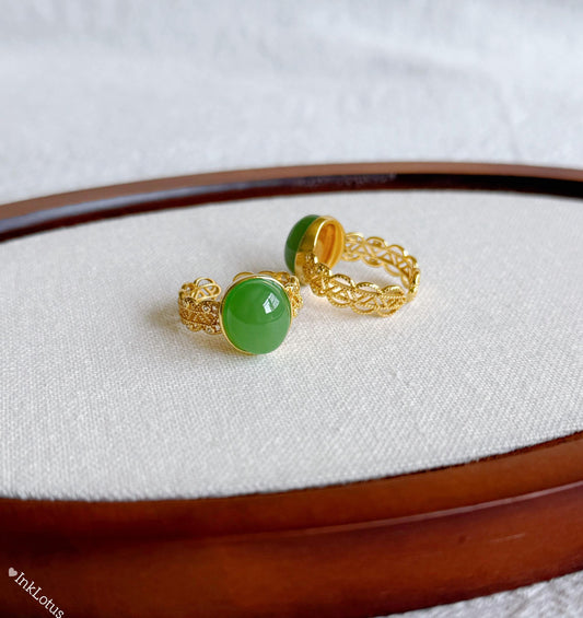Green Nephrite Jade Ring: Gold-Plated Sterling Silver, Adjustable