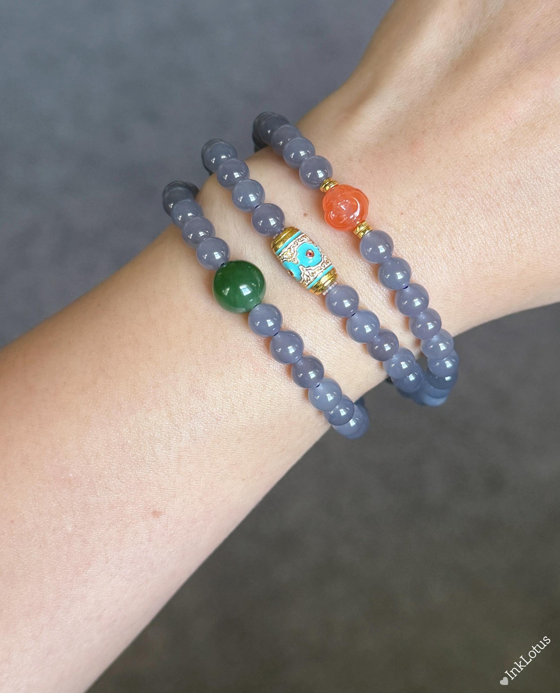Purple Nephrite Jade Beaded Bracelet 6mm: S925 Silver Accents, Red Agate Buddha