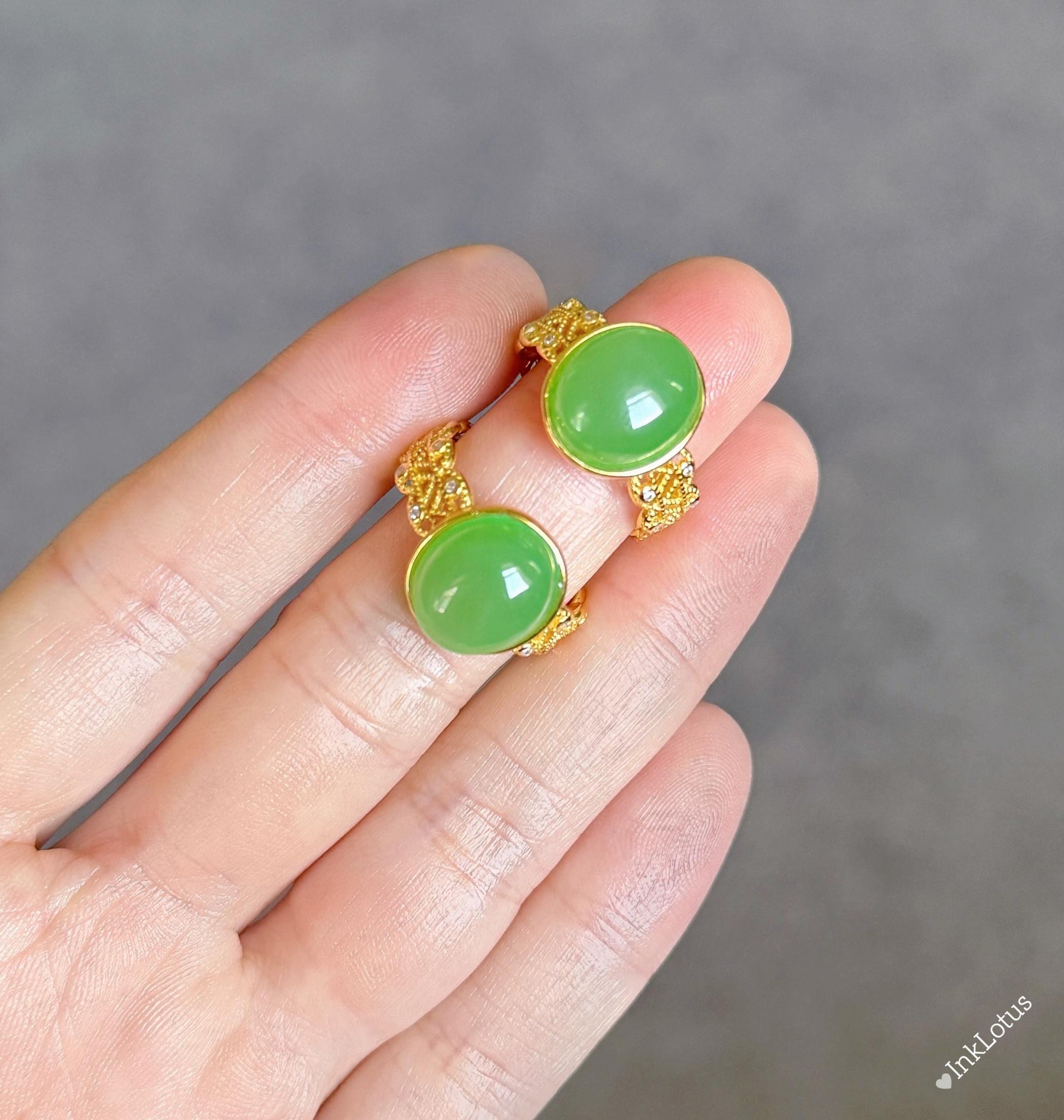 Green Nephrite Jade Ring: Gold-Plated Sterling Silver, Adjustable