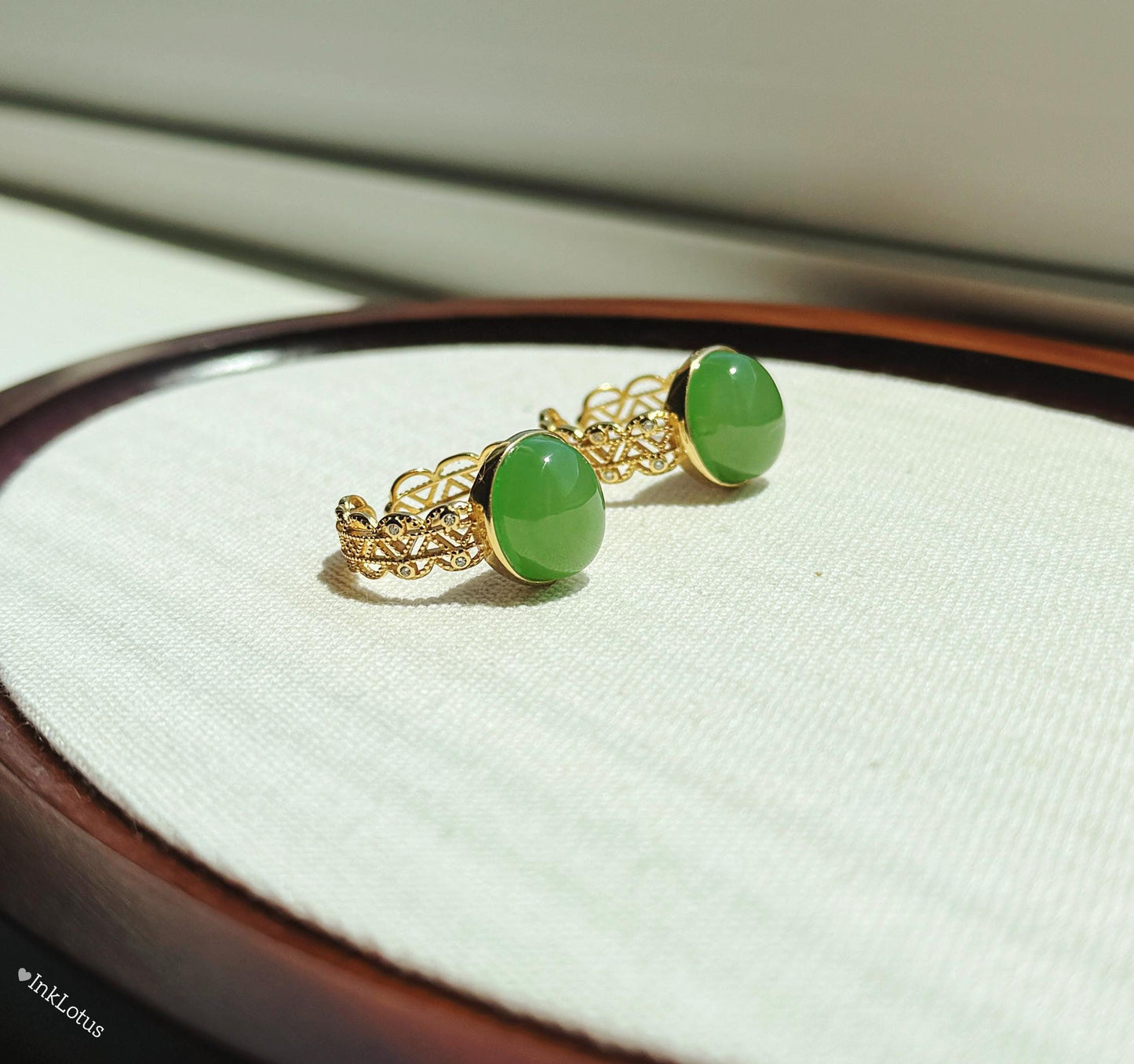 Green Nephrite Jade Ring: Gold-Plated Sterling Silver, Adjustable