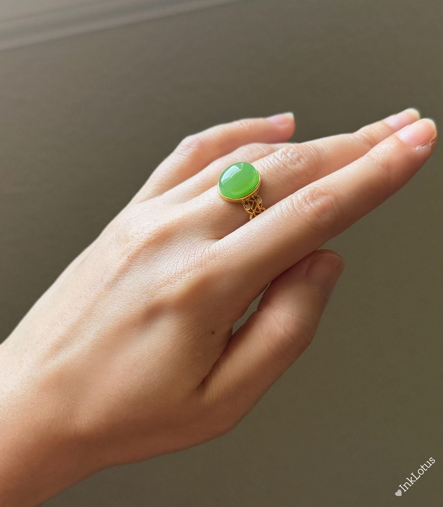 Green Nephrite Jade Ring: Gold-Plated Sterling Silver, Adjustable