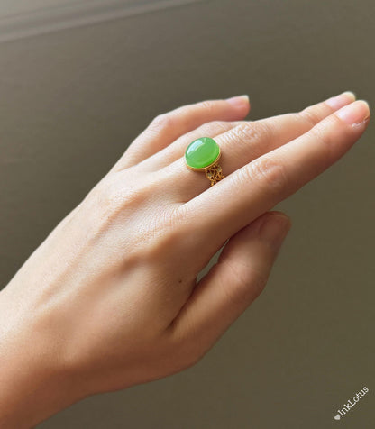 Green Nephrite Jade Ring: Gold-Plated Sterling Silver, Adjustable