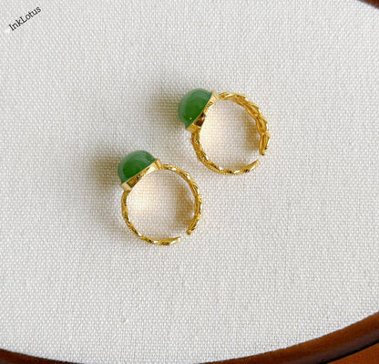 Green Nephrite Jade Ring: Gold-Plated Sterling Silver, Adjustable