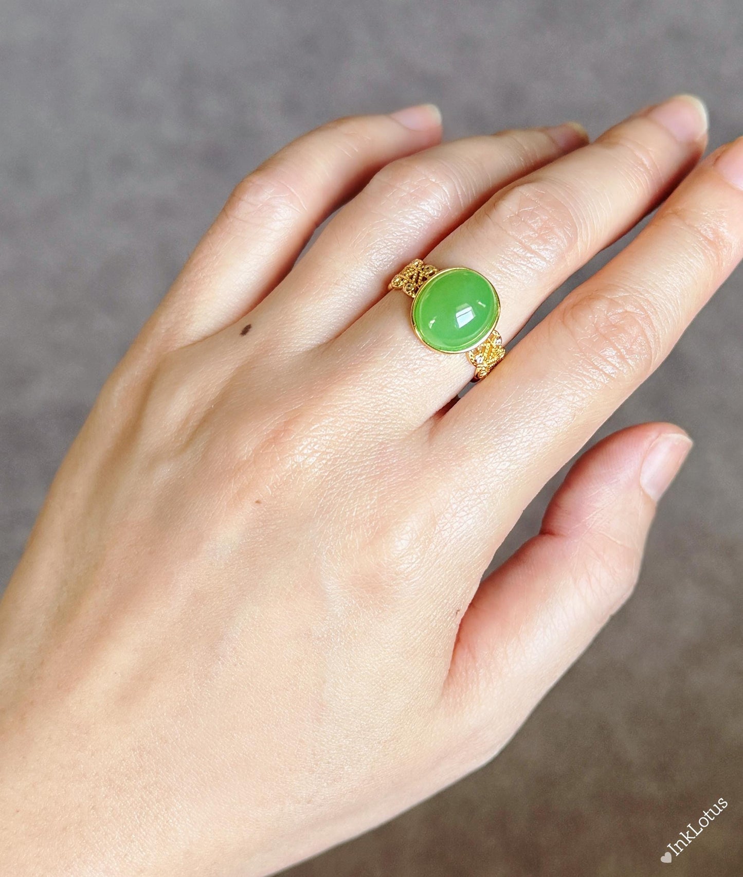Green Nephrite Jade Ring: Gold-Plated Sterling Silver, Adjustable