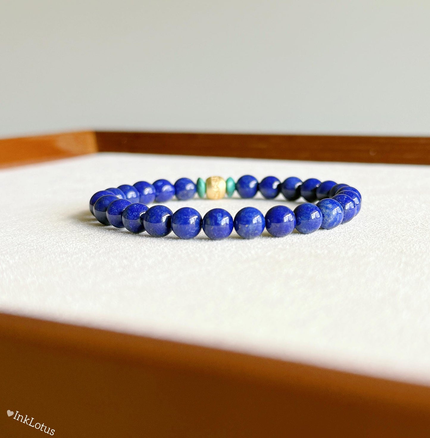Lapis Lazuli & Turquoise Bracelet 6mm: Gold-Plated S925 Silver Om Mani Bead