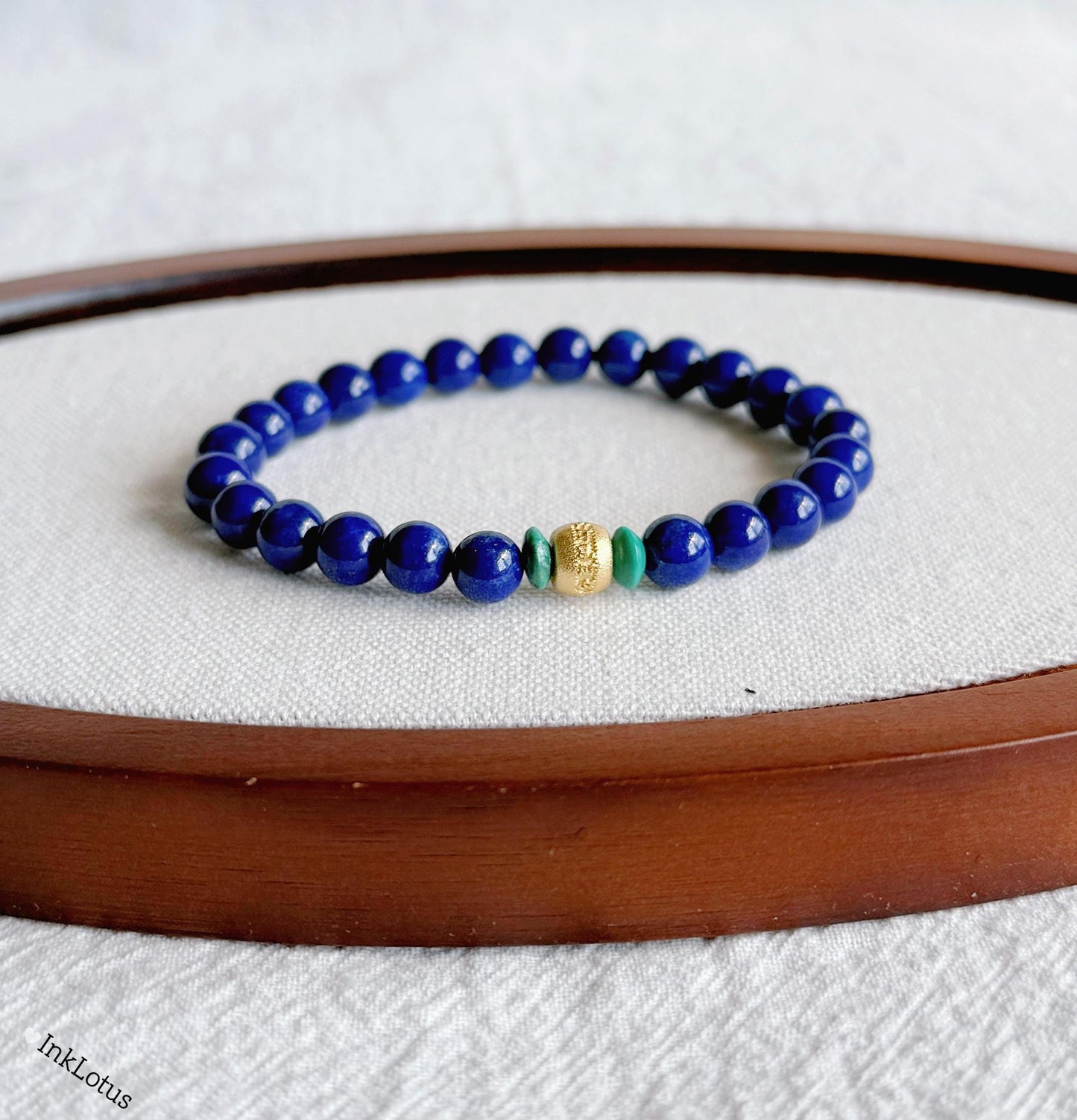 Lapis Lazuli & Turquoise Bracelet 6mm: Gold-Plated S925 Silver Om Mani Bead