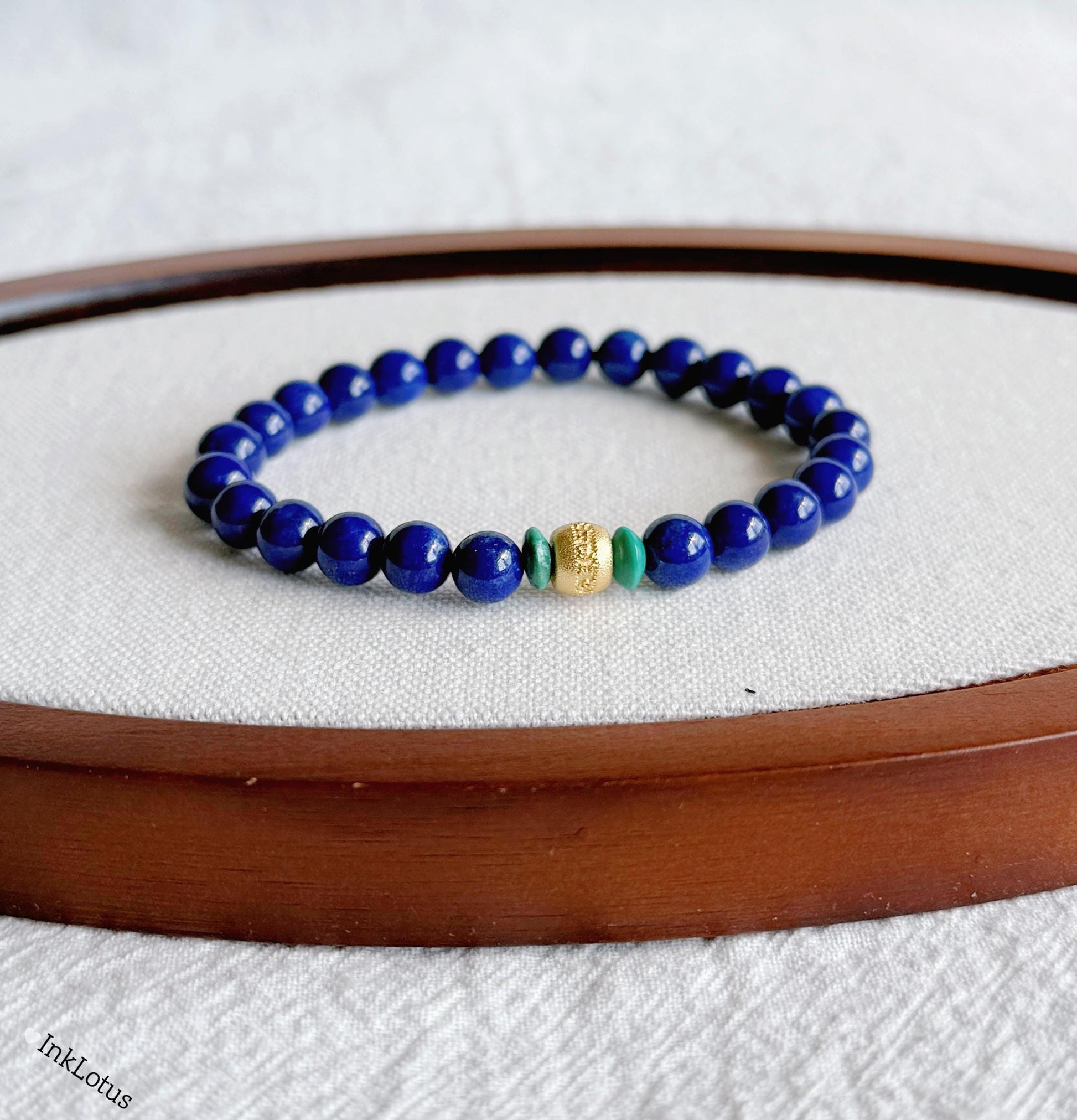 Lapis Lazuli & Turquoise Bracelet 6mm: Gold-Plated S925 Silver Om Mani Bead