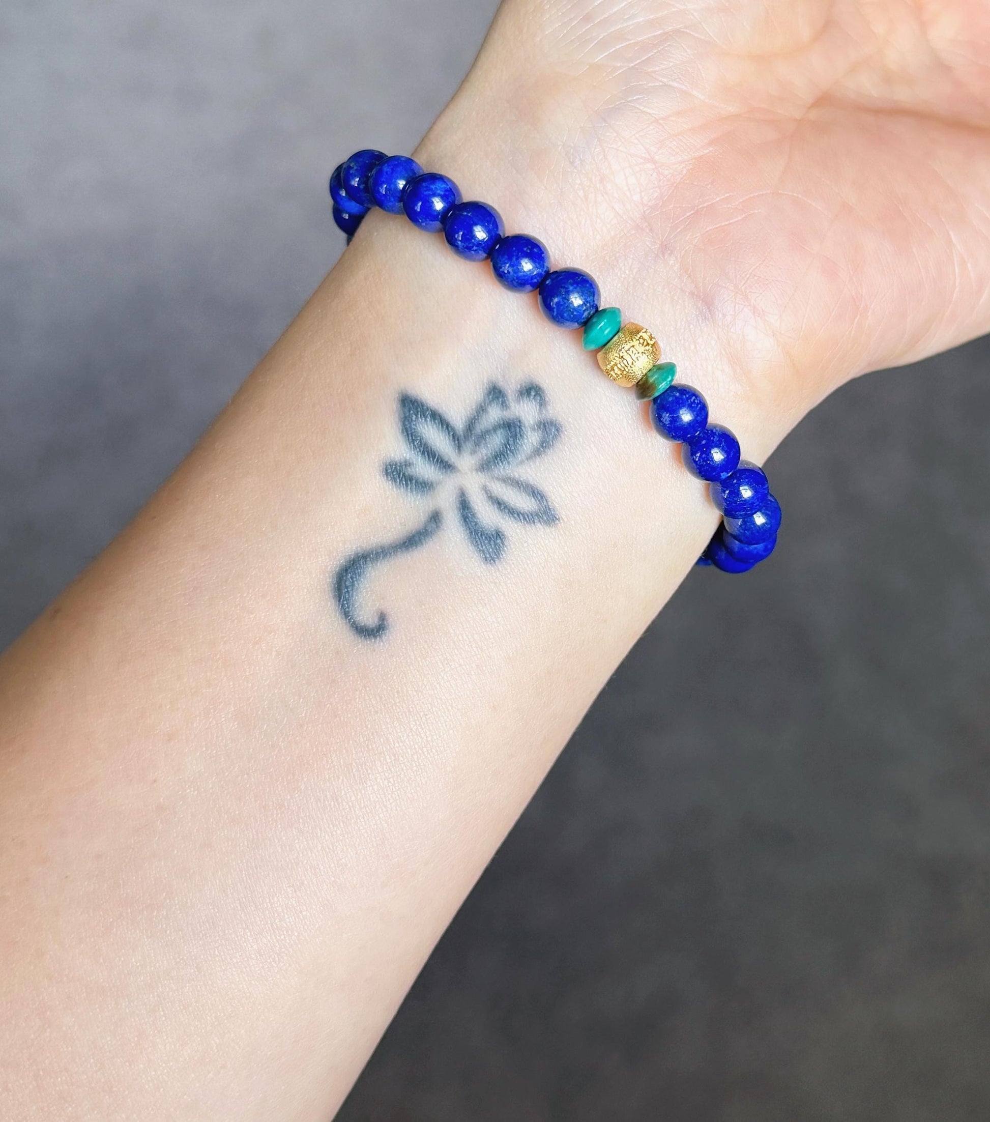 Lapis Lazuli & Turquoise Bracelet 6mm: Gold-Plated S925 Silver Om Mani Bead