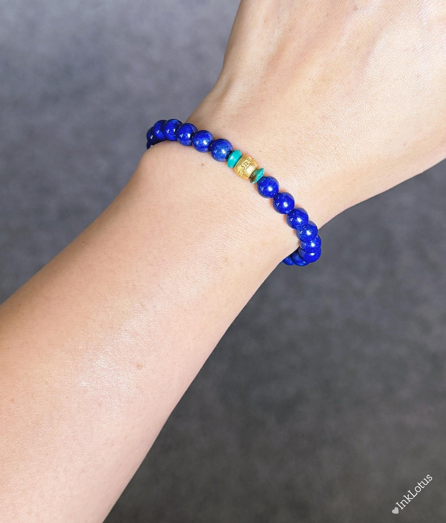Lapis Lazuli & Turquoise Bracelet 6mm: Gold-Plated S925 Silver Om Mani Bead