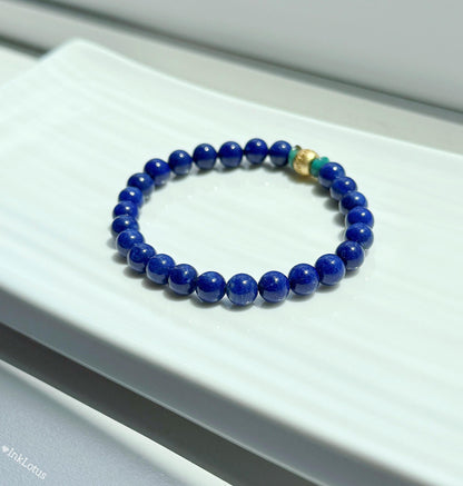 Lapis Lazuli & Turquoise Bracelet 6mm: Gold-Plated S925 Silver Om Mani Bead