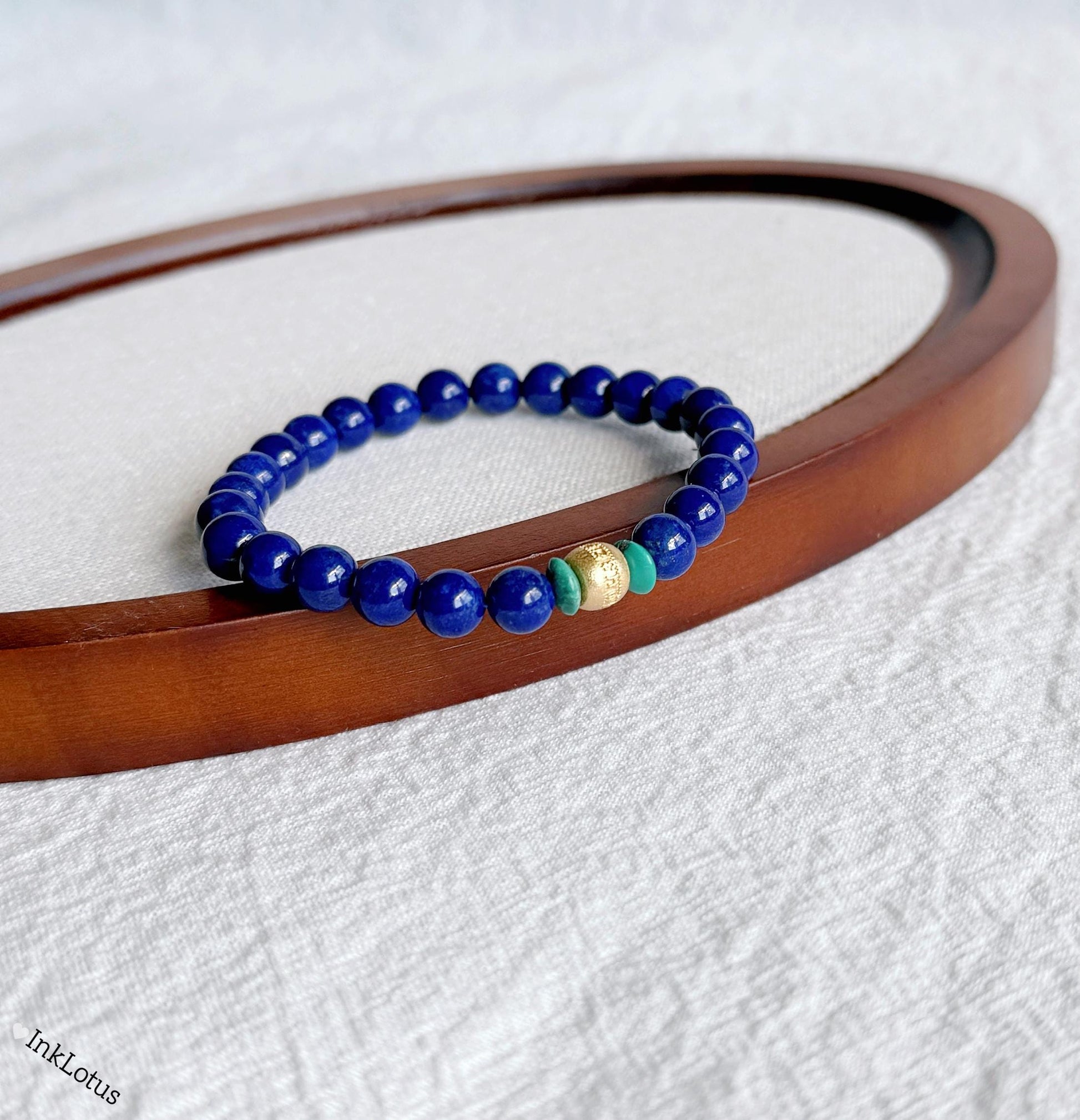 Lapis Lazuli & Turquoise Bracelet 6mm: Gold-Plated S925 Silver Om Mani Bead