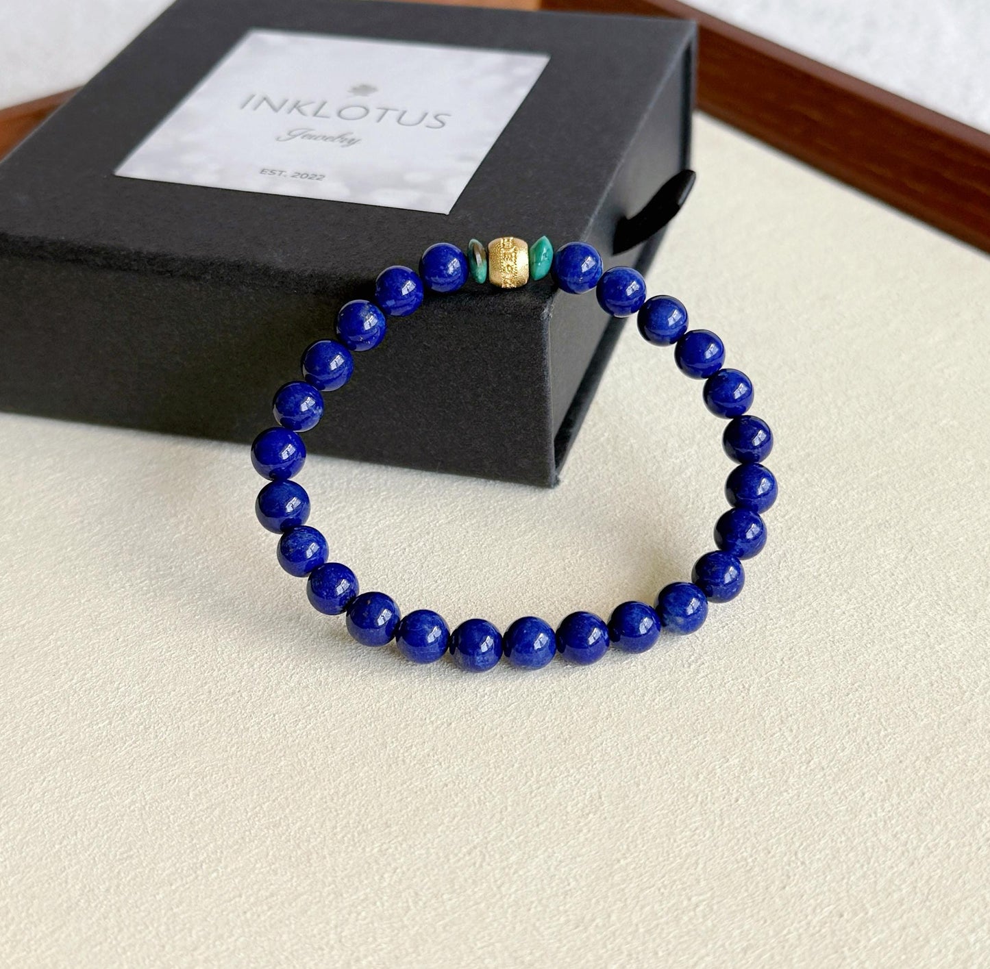 Lapis Lazuli & Turquoise Bracelet 6mm: Gold-Plated S925 Silver Om Mani Bead