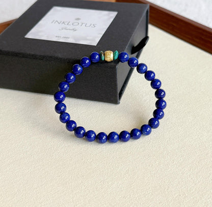 Lapis Lazuli & Turquoise Bracelet 6mm: Gold-Plated S925 Silver Om Mani Bead