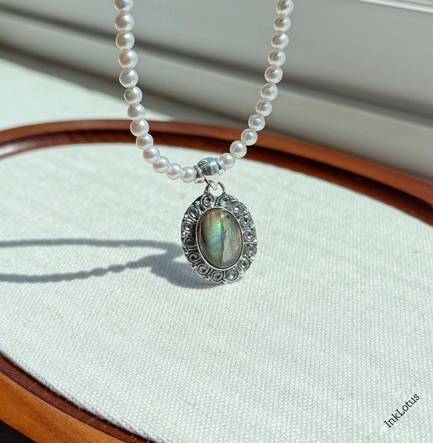 Freshwater Pearl Necklace: Sterling Silver Labradorite Pendant, Adjustable Choker