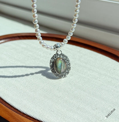 Freshwater Pearl Necklace: Sterling Silver Labradorite Pendant, Adjustable Choker