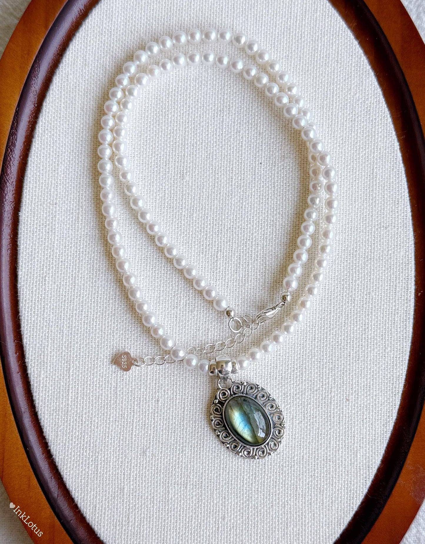 Freshwater Pearl Necklace: Sterling Silver Labradorite Pendant, Adjustable Choker