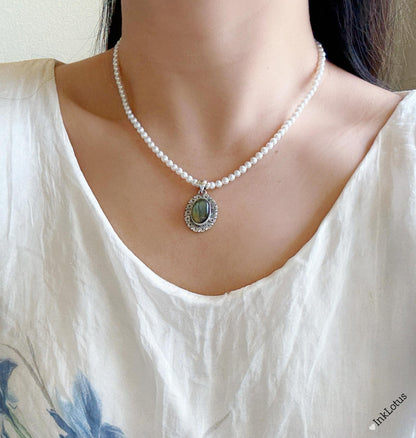 Freshwater Pearl Necklace: Sterling Silver Labradorite Pendant, Adjustable Choker