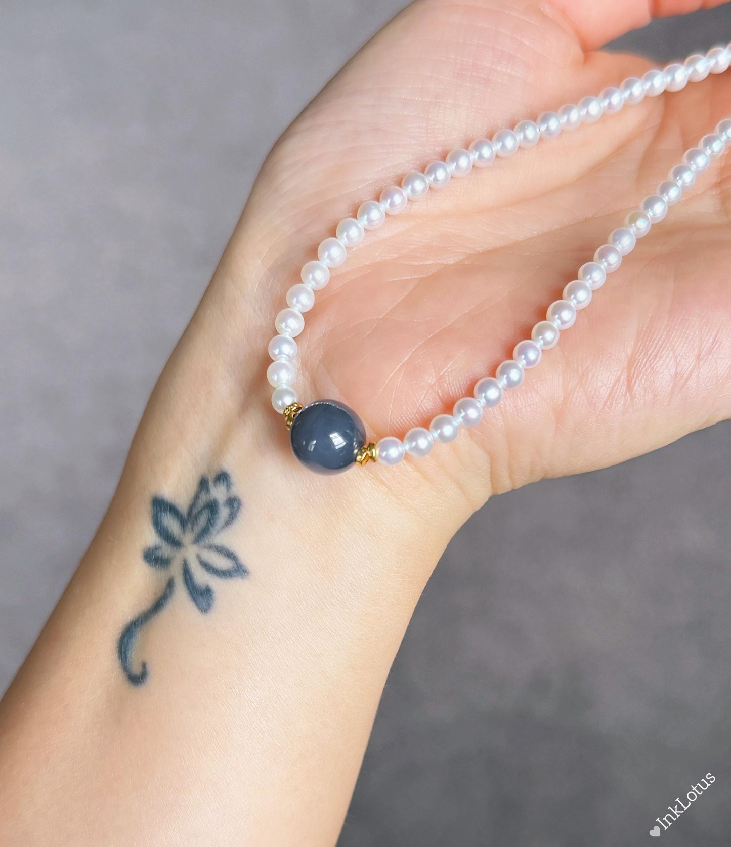Dainty Pearl Choker 4mm: Gray-Purple Jade, S925 Sterling Silver