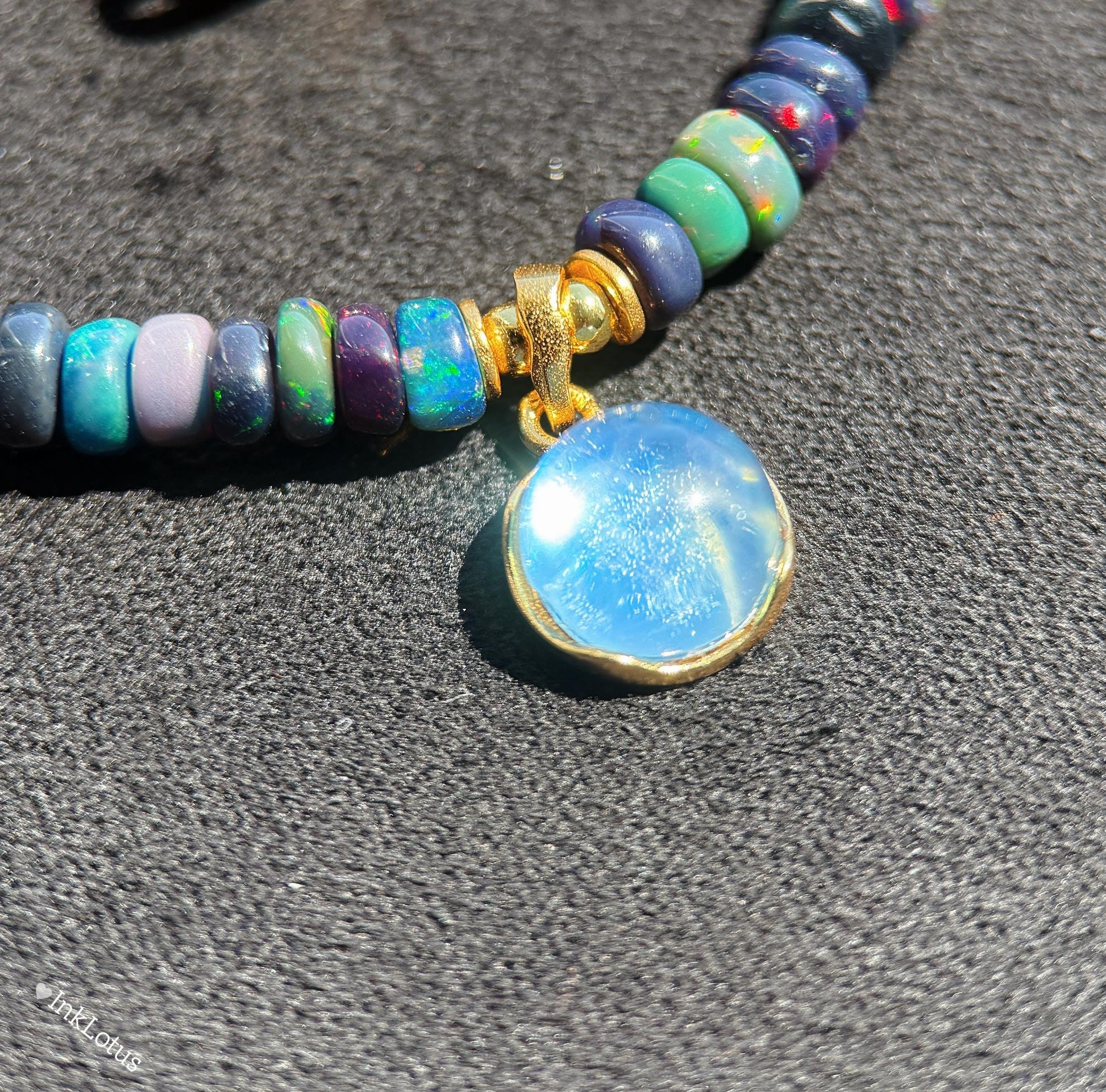 Ethiopian Black Opal Choker Necklace – 2×4mm Opal Beads with Aquamarine Pendant, S925 Sterling Silver