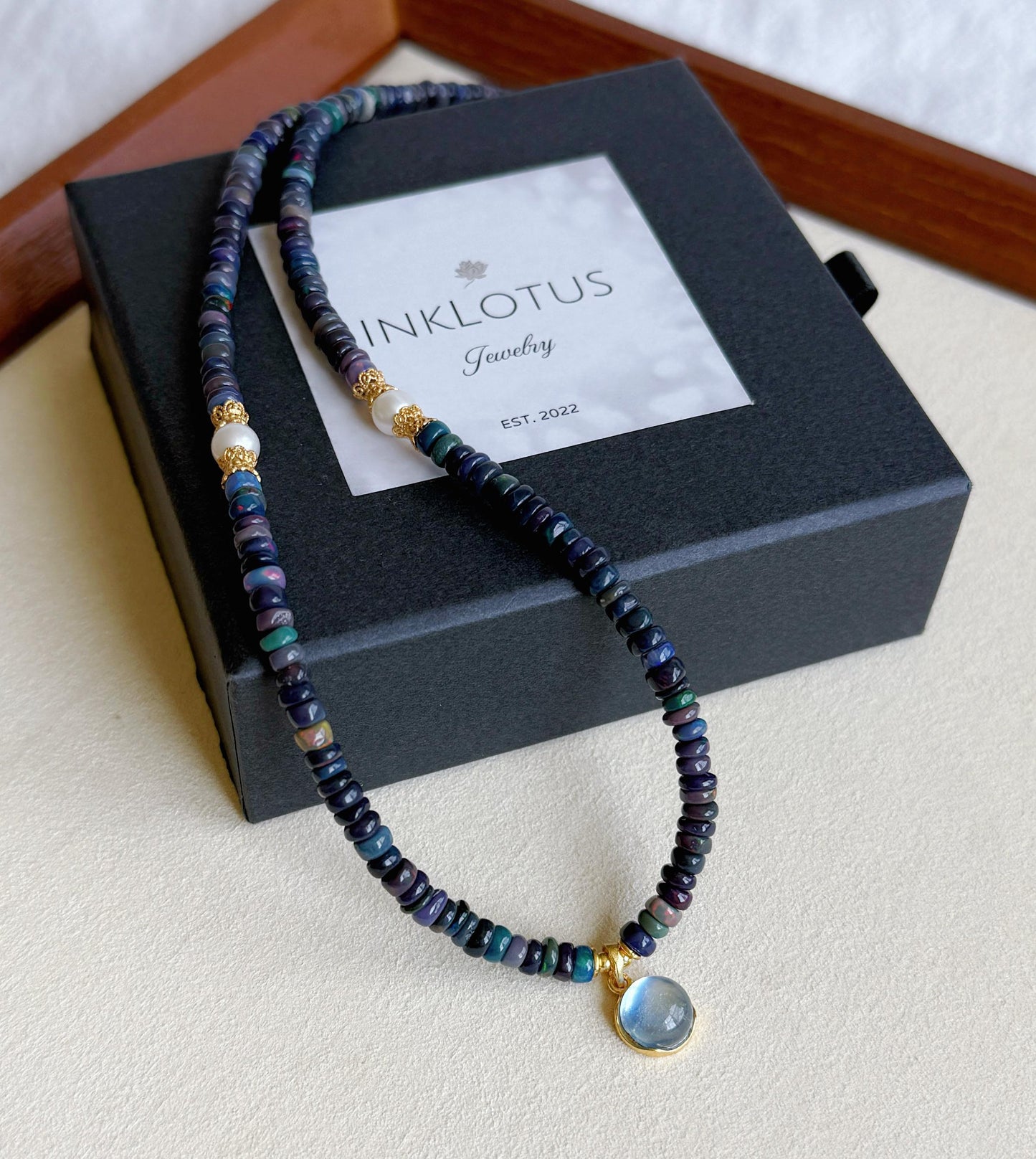 Ethiopian Black Opal Choker Necklace – 2×4mm Opal Beads with Aquamarine Pendant, S925 Sterling Silver