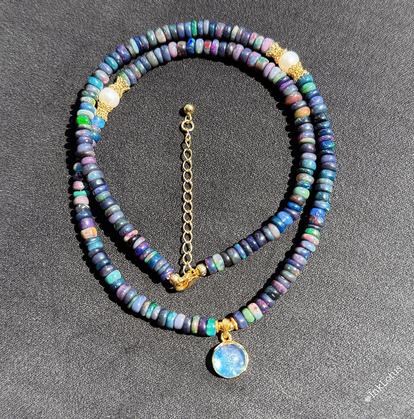 Ethiopian Black Opal Choker Necklace – 2×4mm Opal Beads with Aquamarine Pendant, S925 Sterling Silver