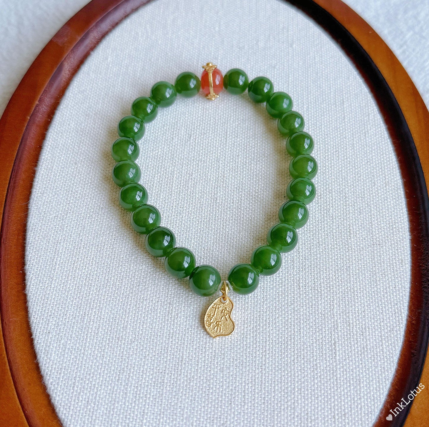 8mm Green Nephrite Jade Bracelet: S925 Red Agate Accent, Good Luck Charm