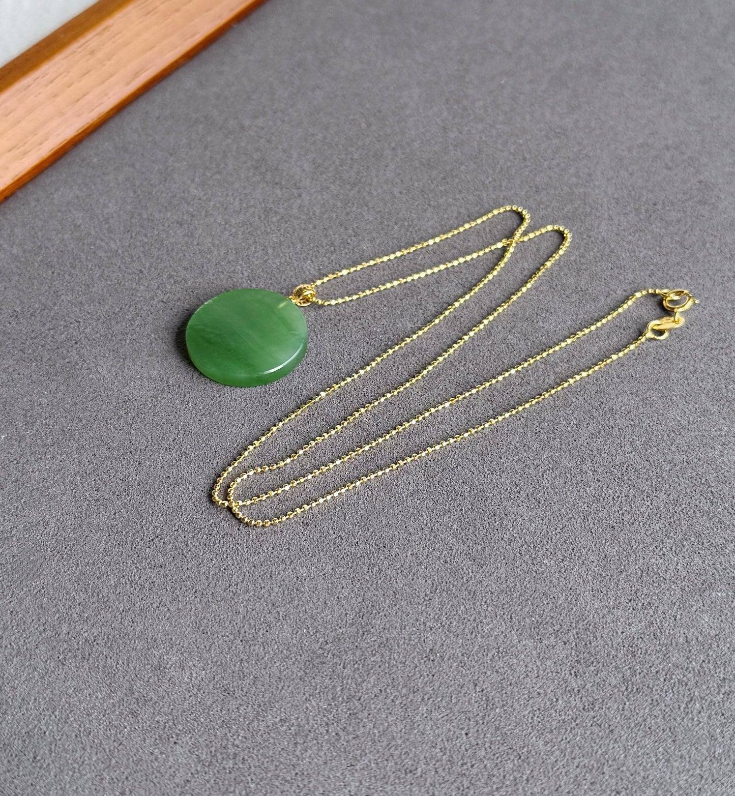 Green Nephrite Jade Pendant Necklace: 18K Gold Bail, Sterling Silver Chain