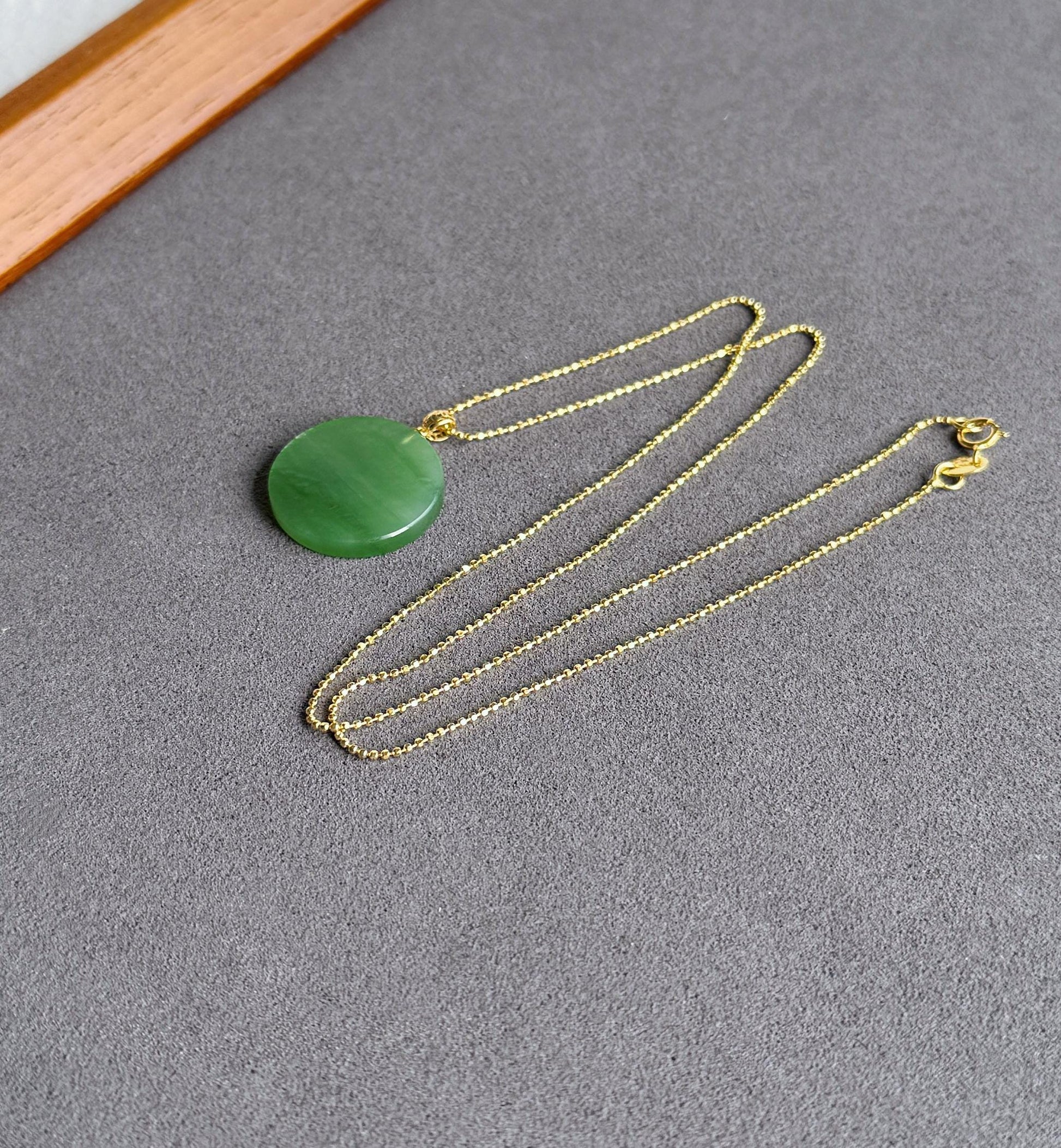 Green Nephrite Jade Pendant Necklace: 18K Gold Bail, Sterling Silver Chain