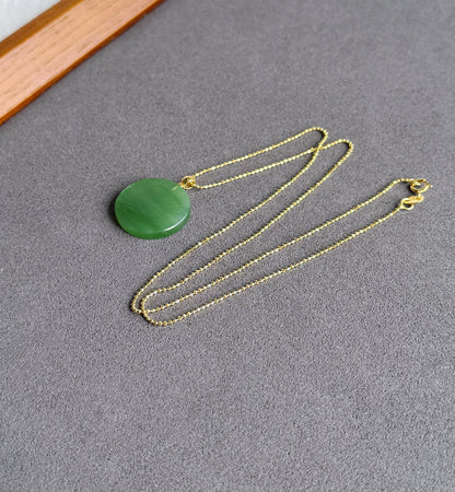 Green Nephrite Jade Pendant Necklace: 18K Gold Bail, Sterling Silver Chain