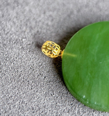 Green Nephrite Jade Pendant Necklace: 18K Gold Bail, Sterling Silver Chain