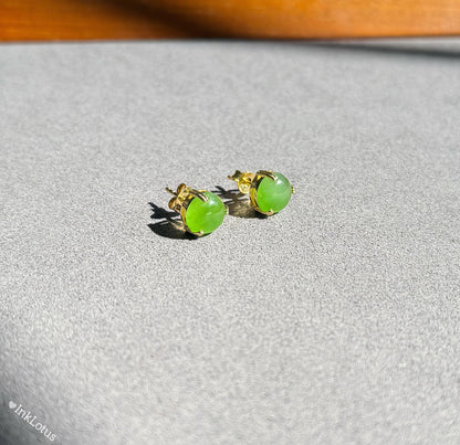 8mm Green Nephrite Jade Stud Earrings