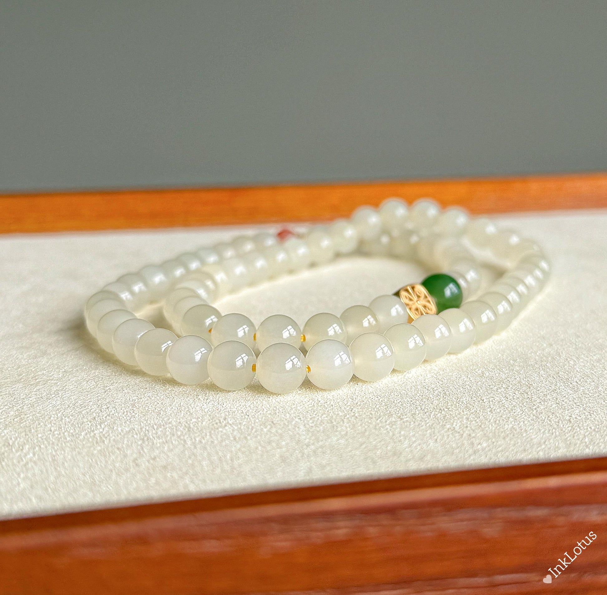 Nephrite Jade Multi-Wrap Bracelet/Necklace 8mm: Sterling Silver Elephant Charm, Red Agate Accent