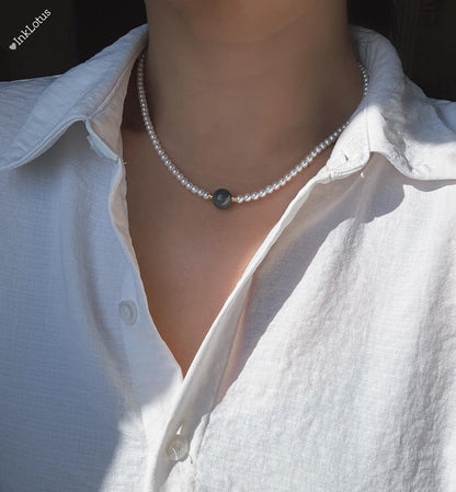 Dainty Pearl Choker 4mm: Gray-Purple Jade, S925 Sterling Silver