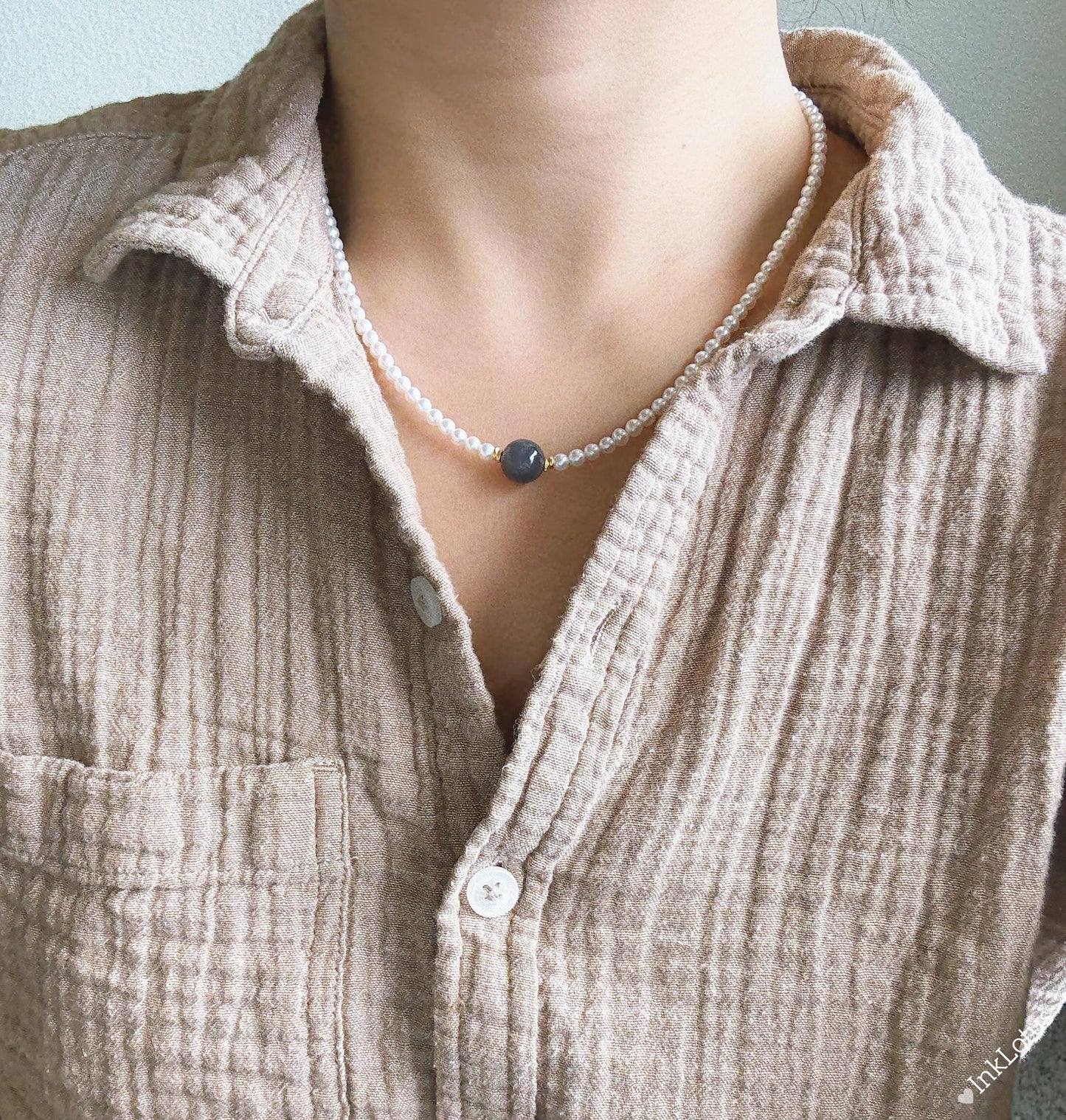 Dainty Pearl Choker 4mm: Gray-Purple Jade, S925 Sterling Silver