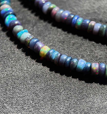 Ethiopian Black Opal Choker Necklace – 2×4mm Opal Beads with Aquamarine Pendant, S925 Sterling Silver