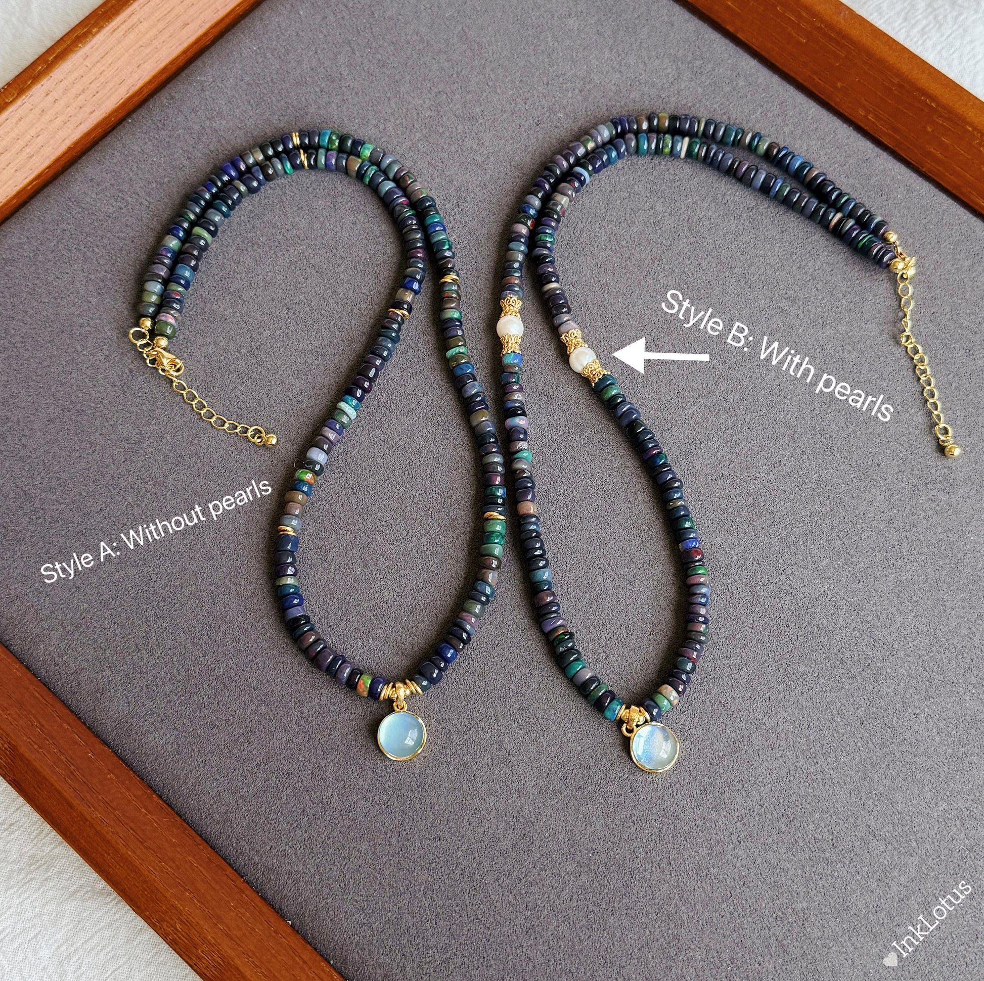 Ethiopian Black Opal Choker Necklace – 2×4mm Opal Beads with Aquamarine Pendant, S925 Sterling Silver