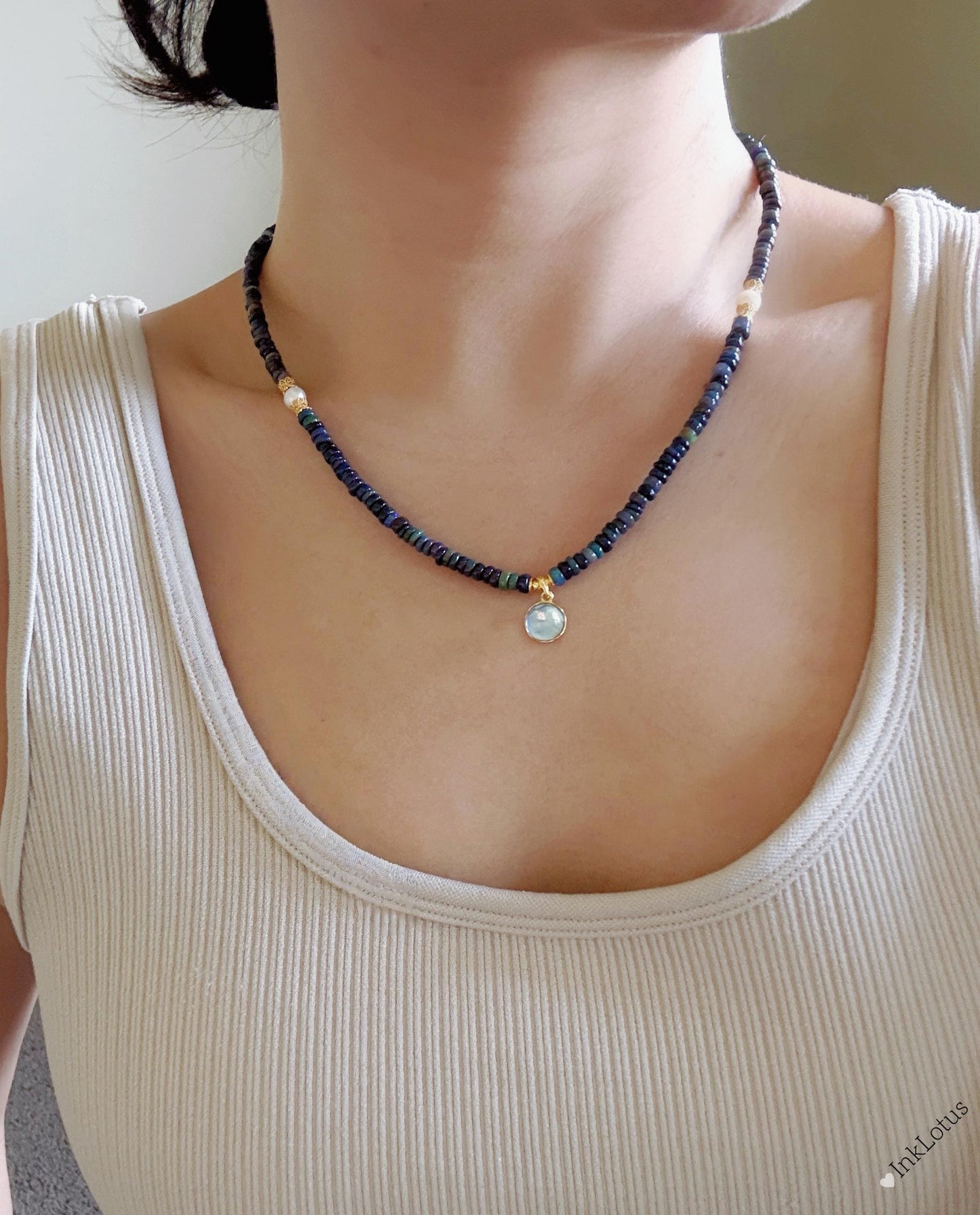Ethiopian Black Opal Choker Necklace – 2×4mm Opal Beads with Aquamarine Pendant, S925 Sterling Silver