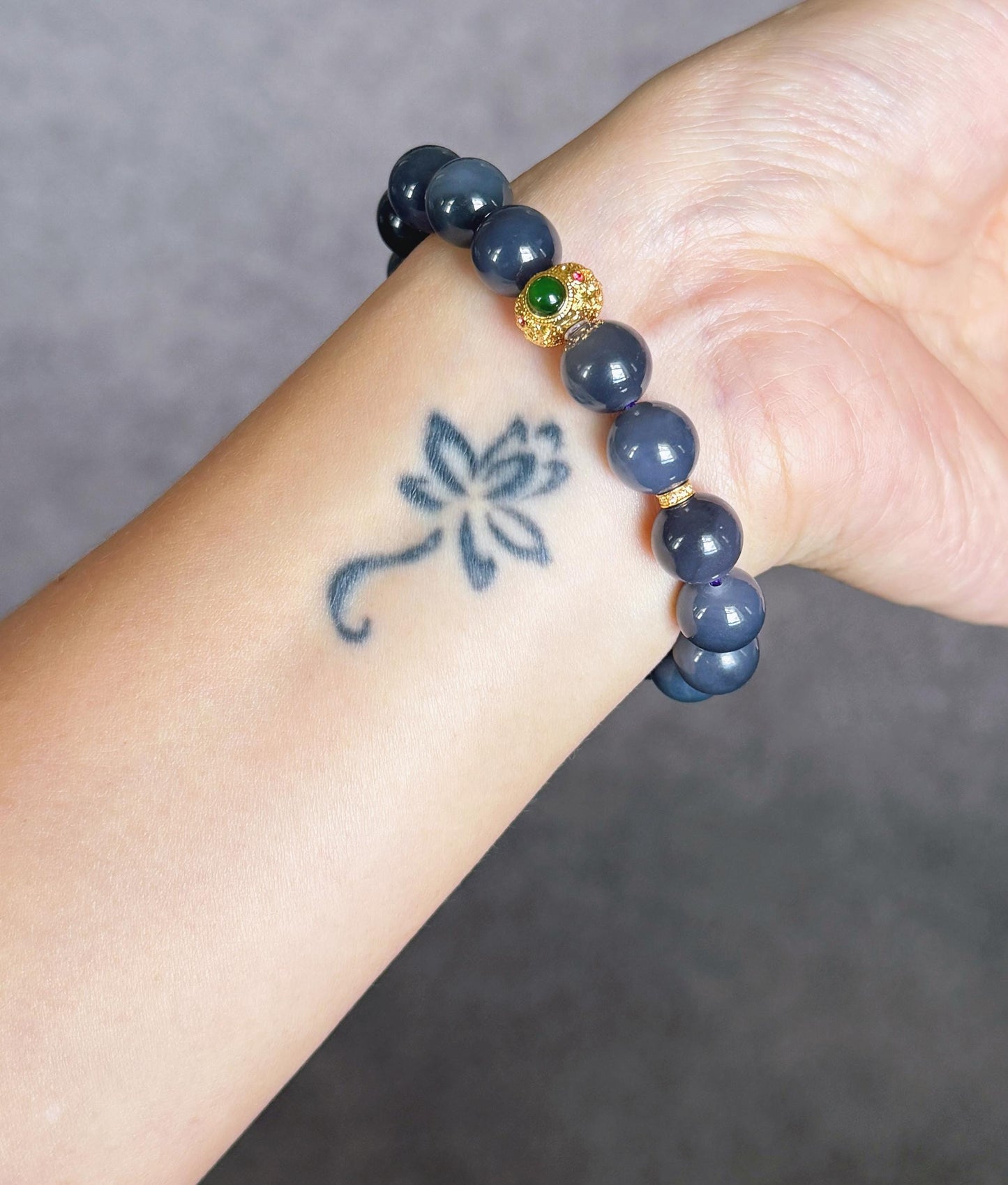 Gray-Purple Nephrite Jade Bracelet 10mm - 18K Gold Jadeite Charm - Handmade
