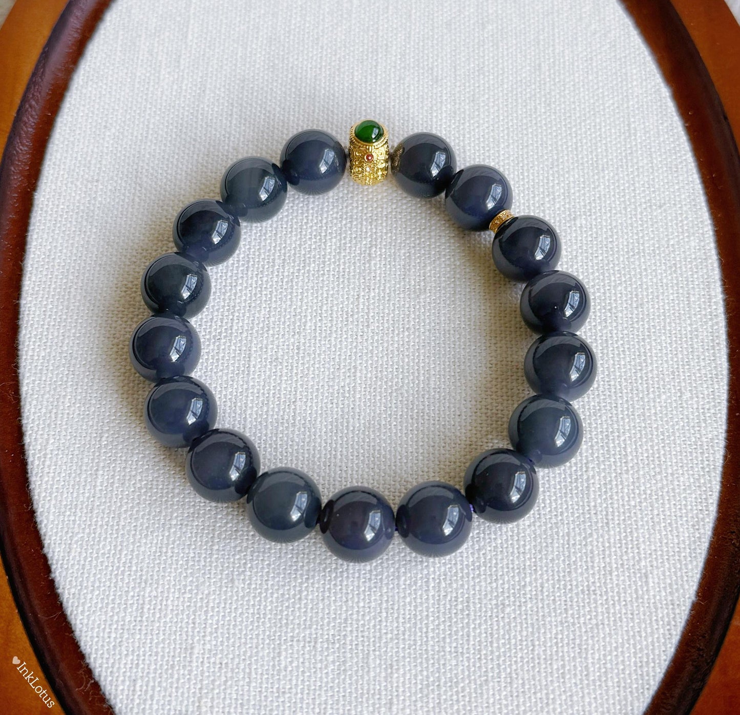 Gray-Purple Nephrite Jade Bracelet 10mm - 18K Gold Jadeite Charm - Handmade